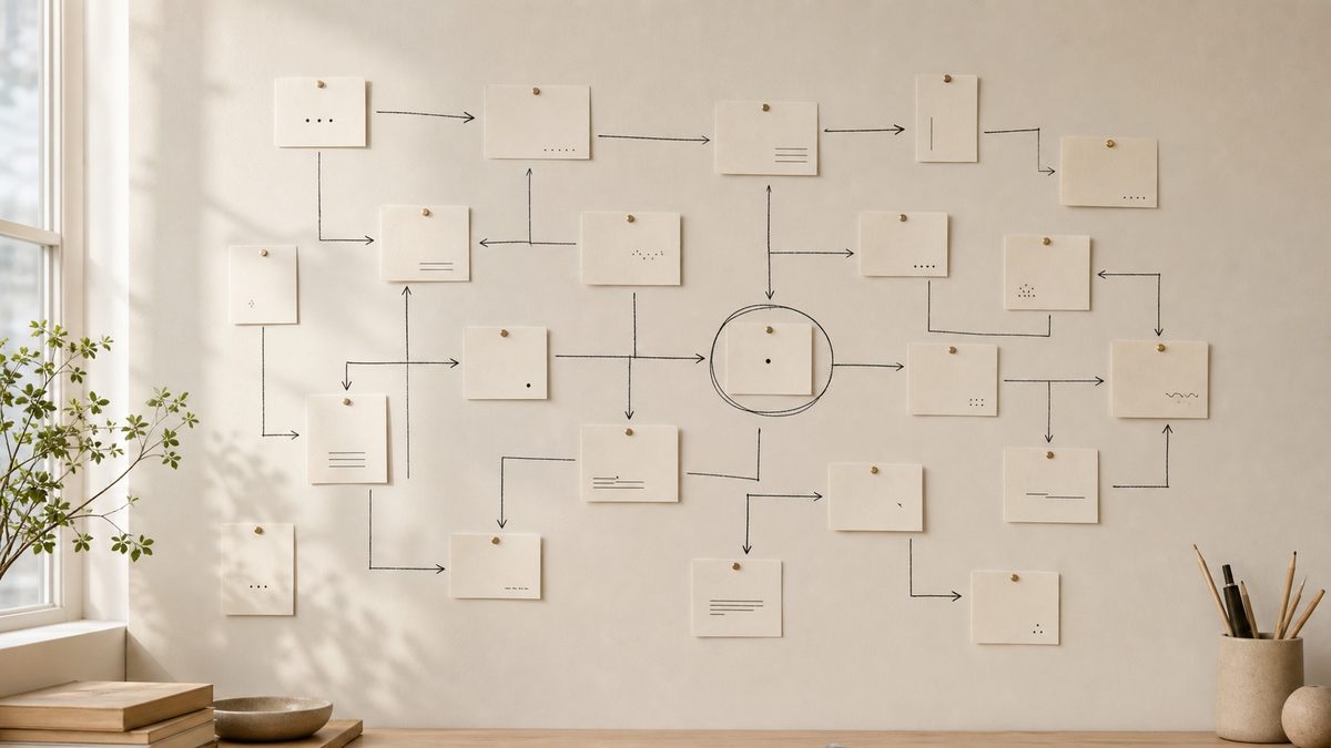 A wall of small paper cards connected by drawn arrows