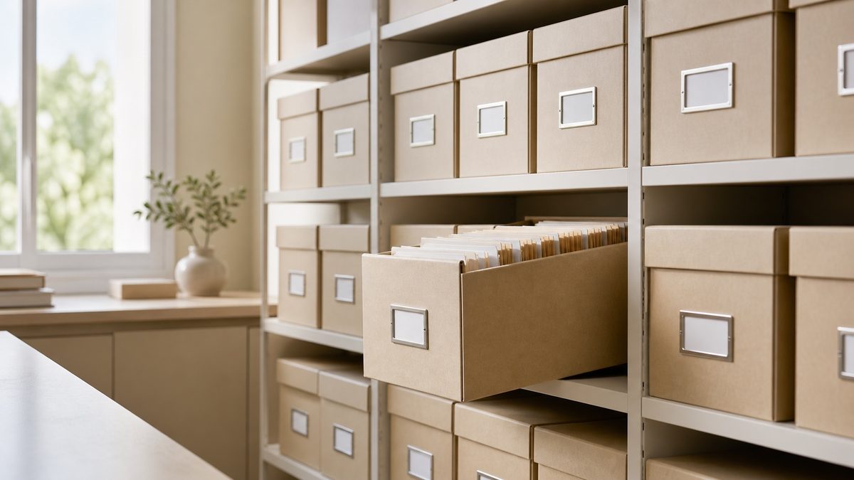 Rows of labeled archive boxes on shelves, one pulled halfway out