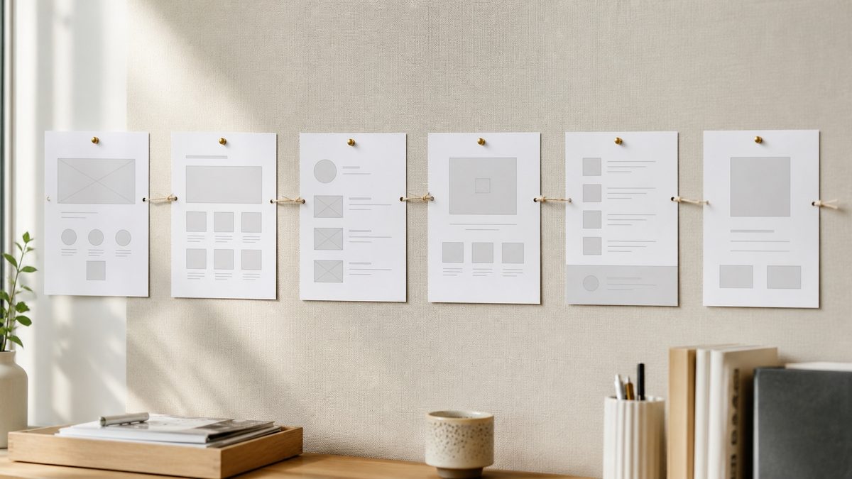 Printed wireframe sheets pinned in a row with connector strings