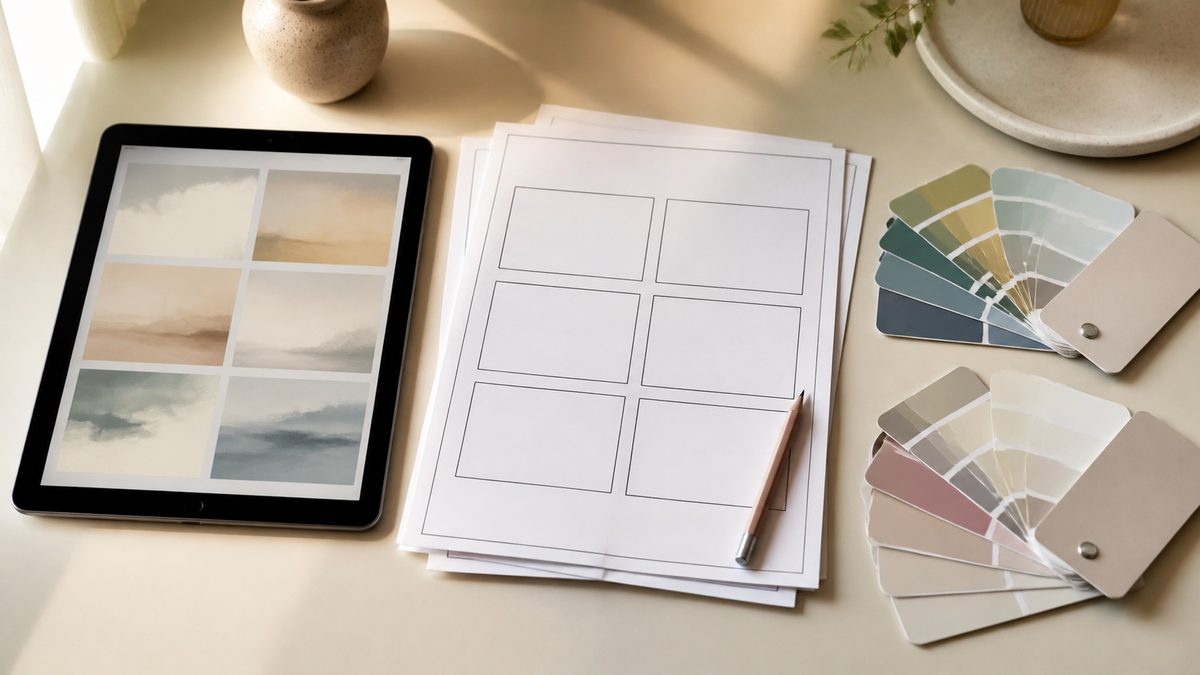 A tablet, printed storyboard frames and color swatch cards in a row