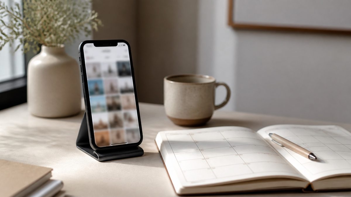 A phone on a stand showing a blurred social grid beside a content calendar