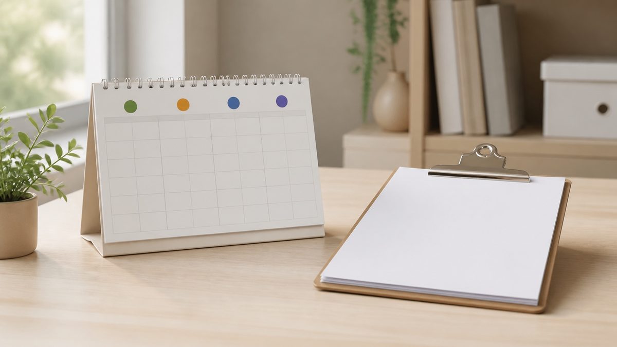 A wall calendar with quarterly markers and a clipboard of survey sheets
