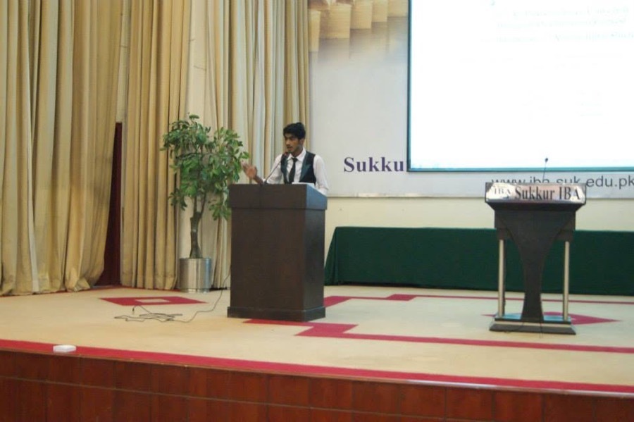On stage at the declamation contest podium, Sukkur IBA