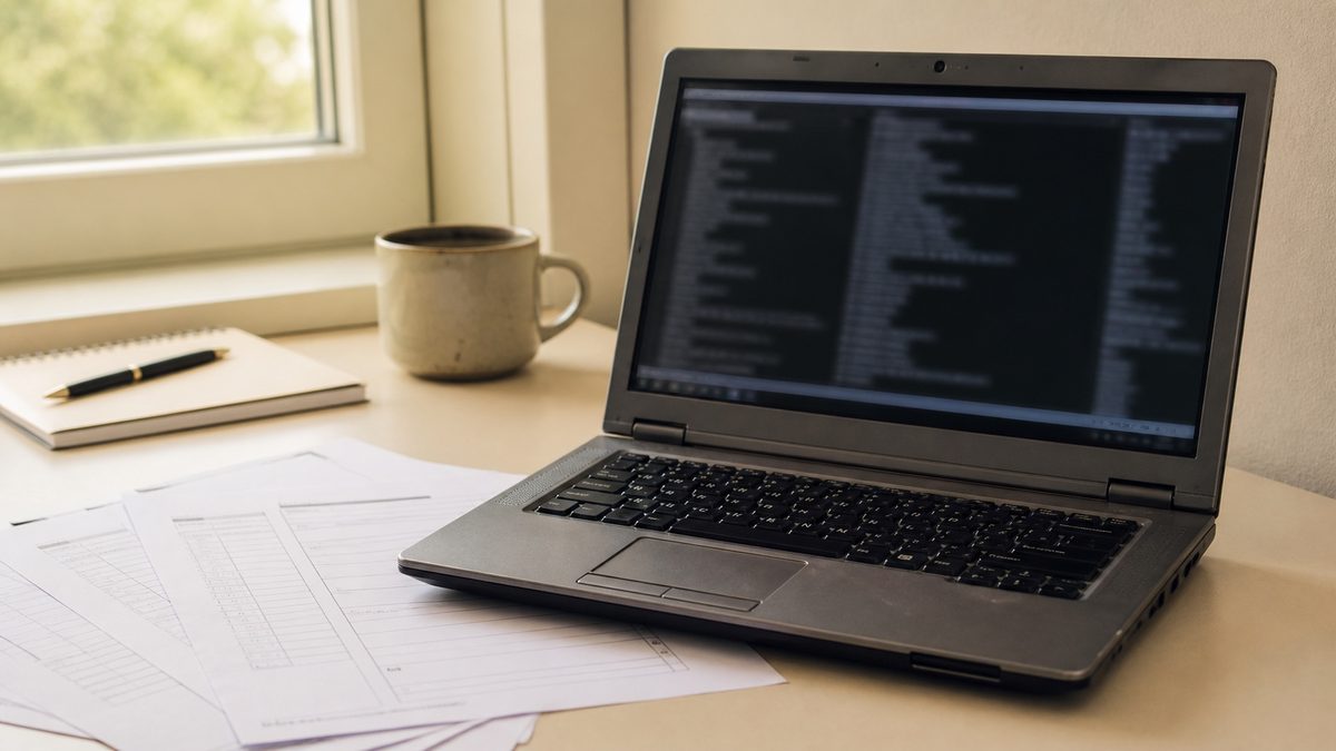 An older laptop with a blurred SQL terminal and printed survey forms