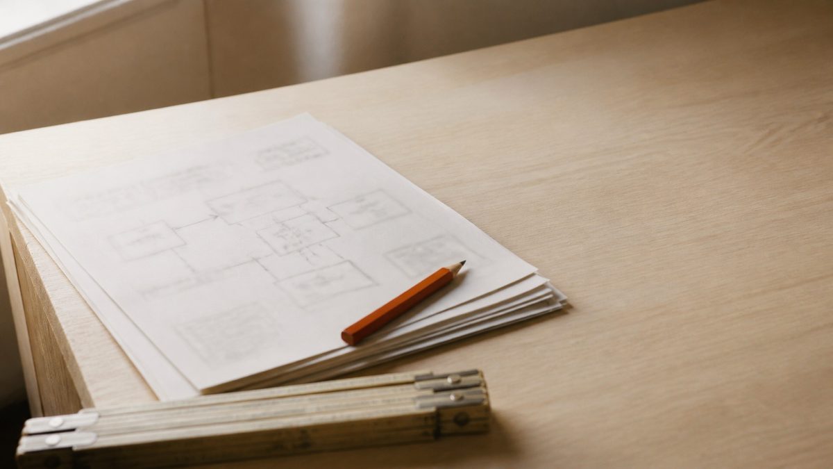 Printed pages with a pencil flow diagram on a drafting table