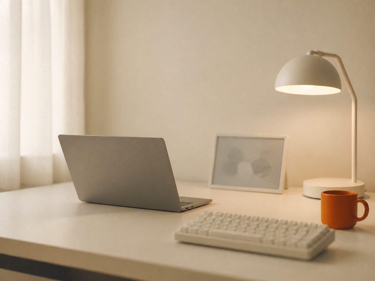 A clean desk with a laptop, framed print and lamp