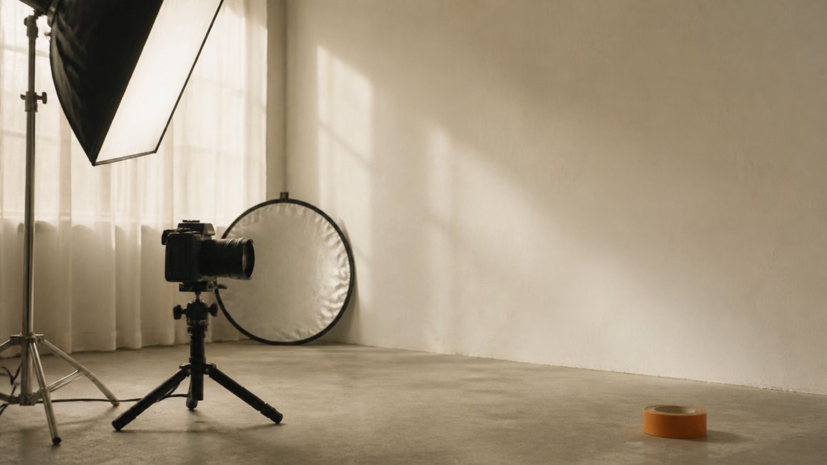 Video production set with camera, softboxes and monitor