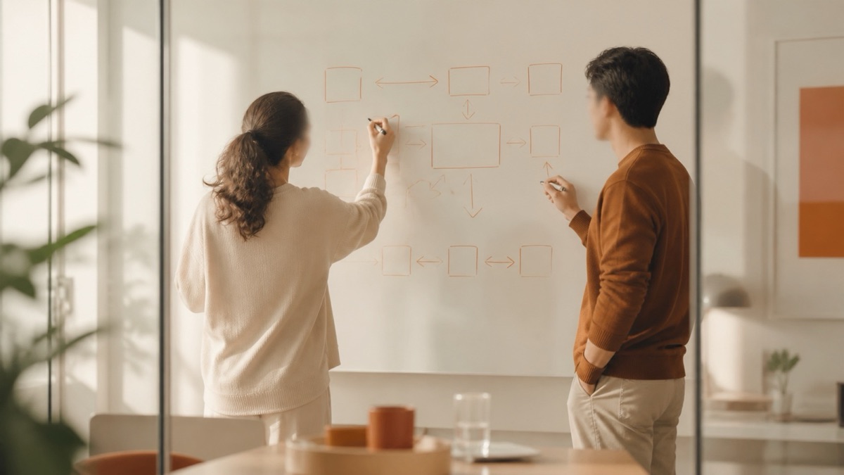 Two professionals sketching a partner journey on a whiteboard