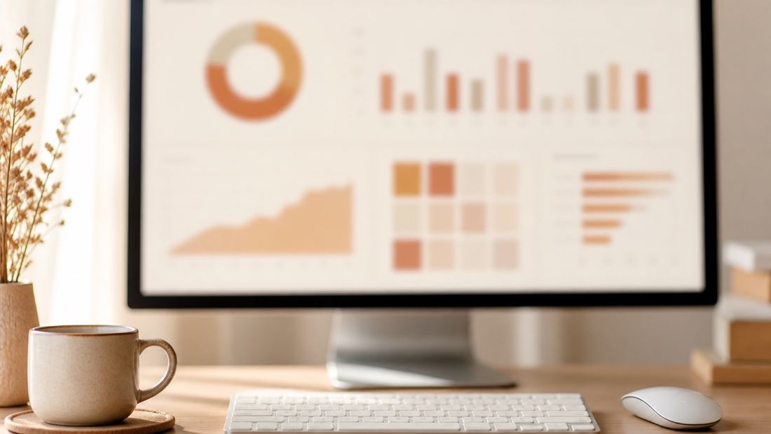 Large monitor with an out-of-focus analytics dashboard