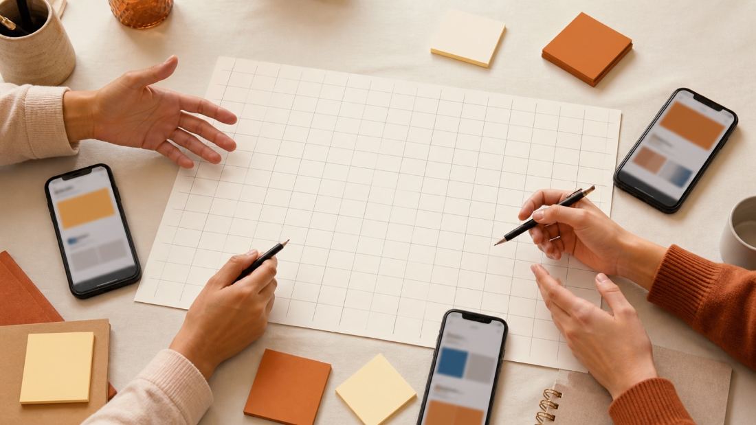Campaign planning table with calendar grids and phones