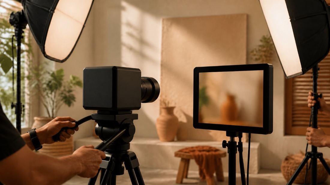 Video production set with camera, softboxes and monitor