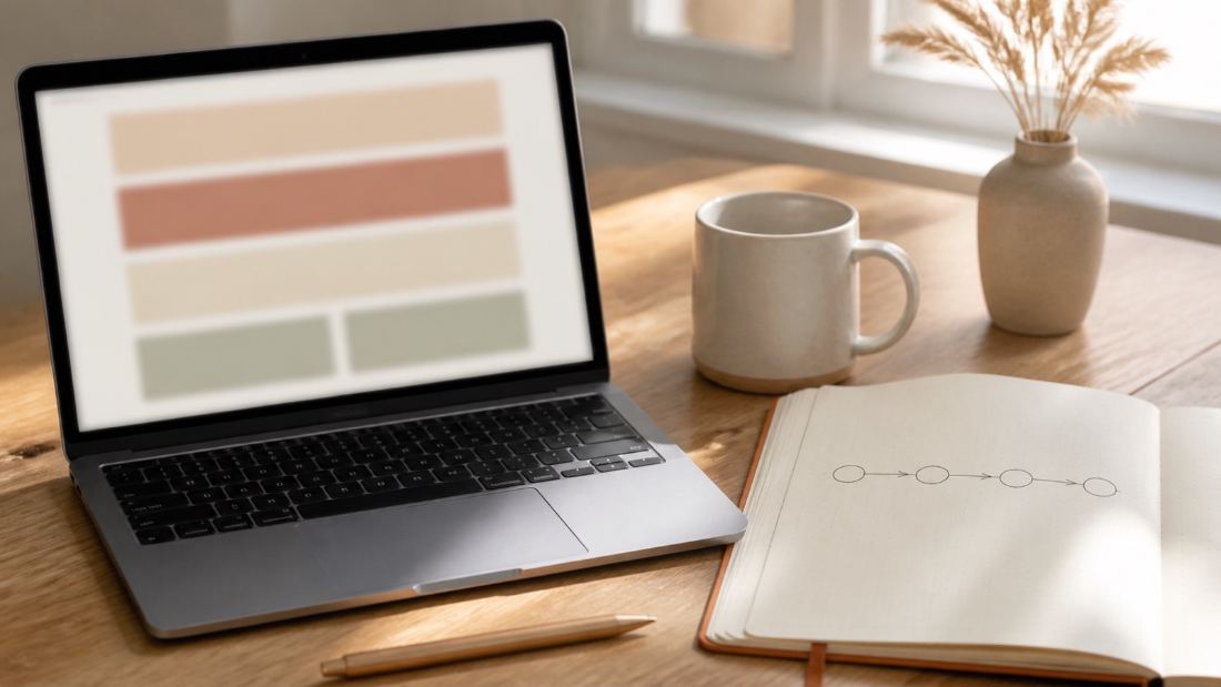 Laptop with an email layout beside a hand-drawn sequence plan
