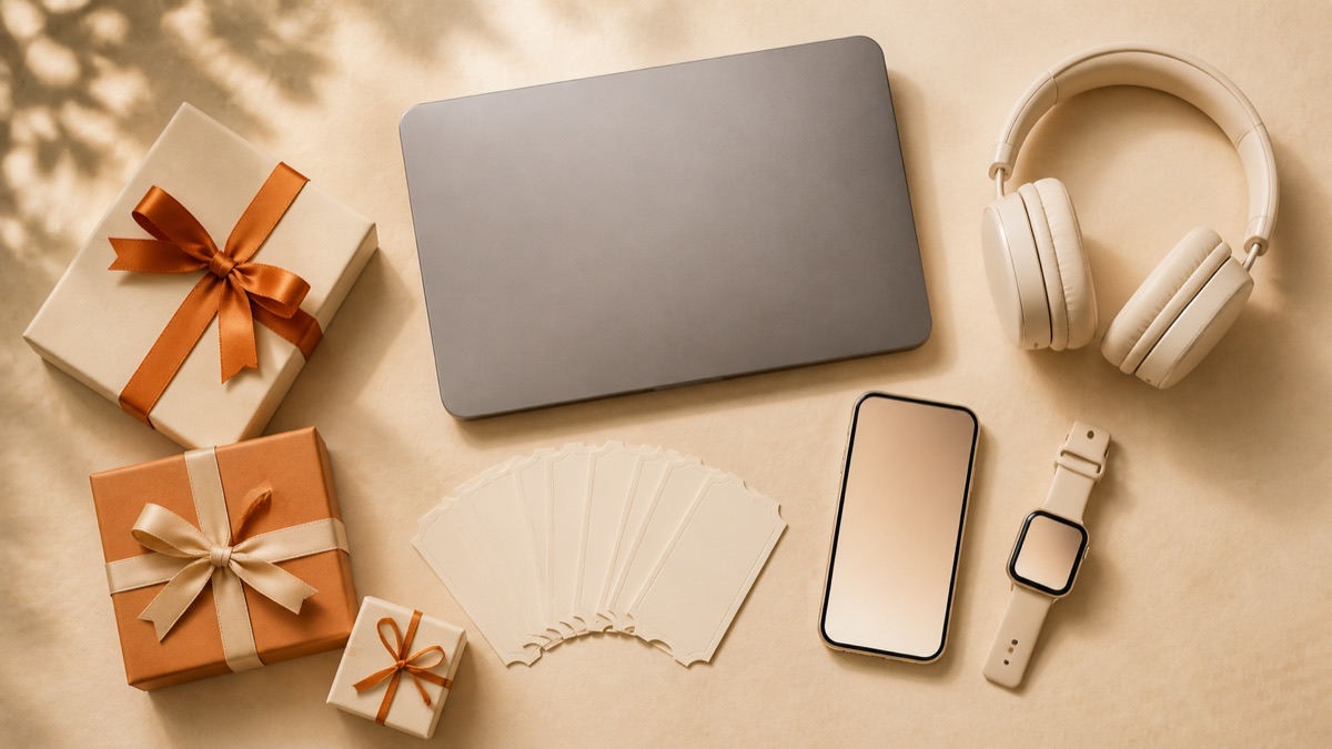 Flat-lay of unbranded contest prizes: laptop, phone, watch, headphones and raffle tickets