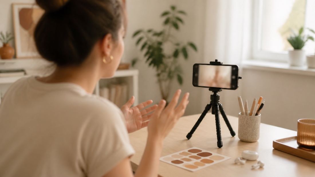 Person filming themselves with a phone on a small tripod