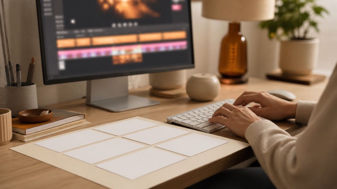 Editing desk with storyboard cards beside the keyboard