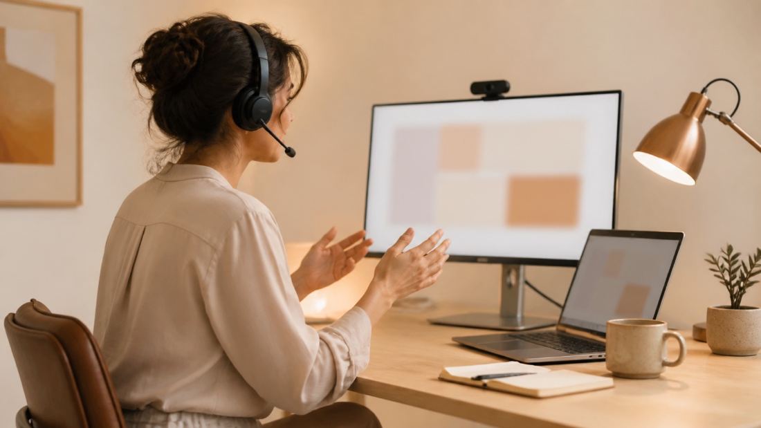 Presenter speaking to a webcam at a clean desk