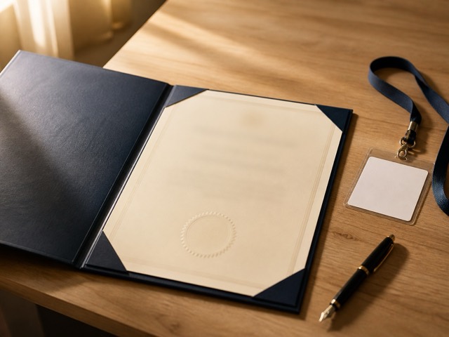 Award certificate in a leather folder beside a fountain pen and lanyard