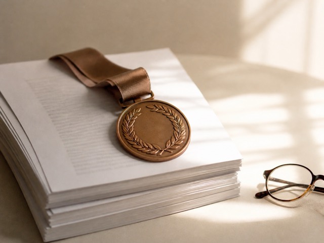 Laurel-wreath medal resting on bound research papers