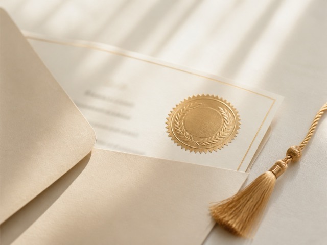 Gold-sealed certificate with a graduation tassel