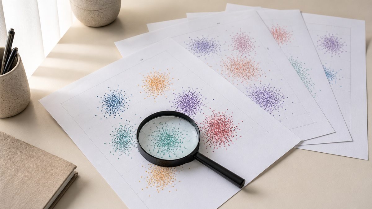 Printed cluster scatter plots fanned on a desk