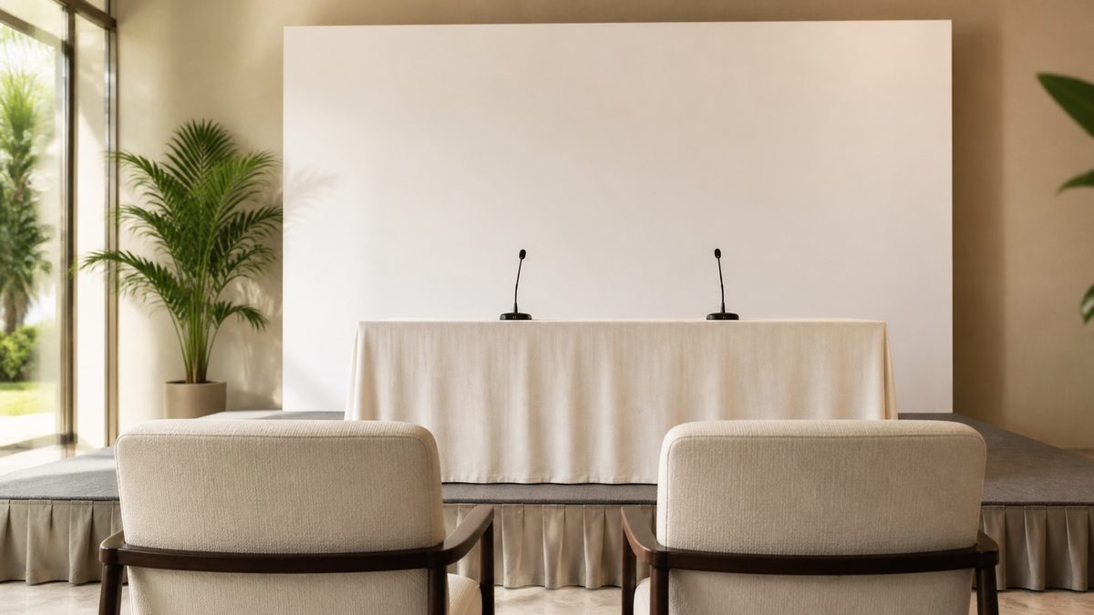 Two seats facing a small stage with microphones