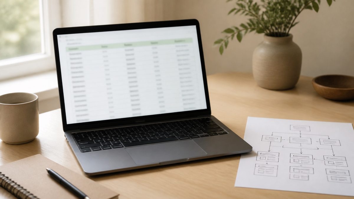 A laptop with a blurred keyword spreadsheet beside a printed sitemap sketch