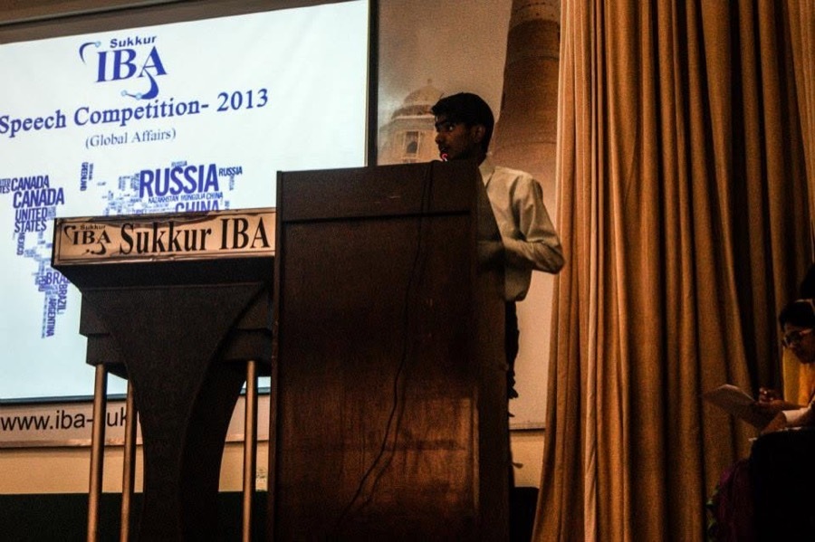 Speaking at the Sukkur IBA Speech Competition 2013 podium