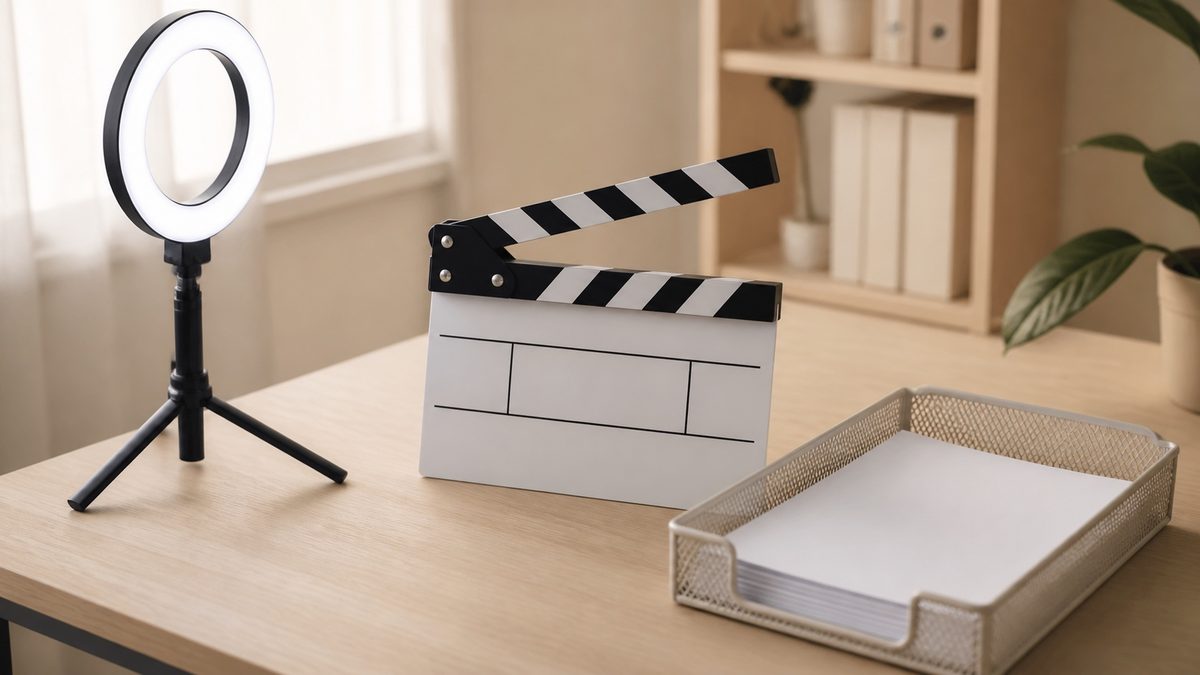 A desk with a ring light, clapper board and release forms in a tray